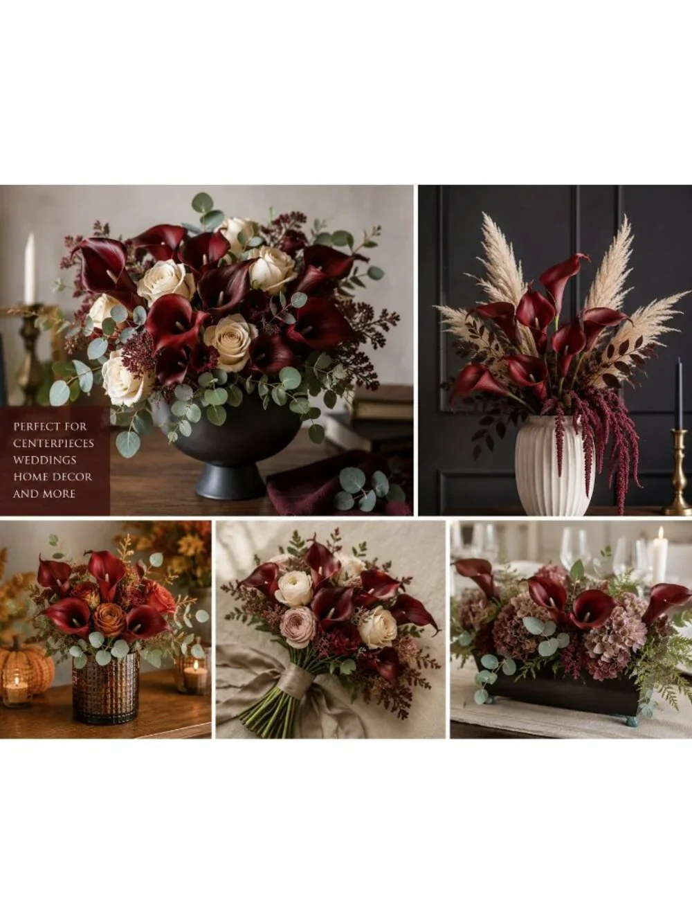 Burgundy Calla Lily Stems Faux Floral Bouquet Wine Red Flowers 5 Stem Bunch Mood
